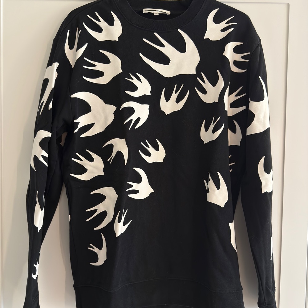Alexander McQueen Black and White Crewneck Sweater with Bird Motif
